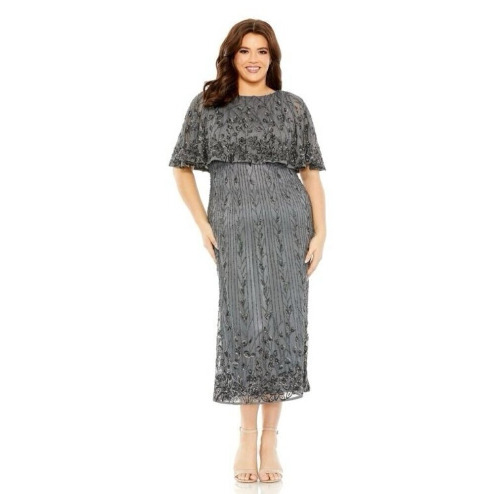 Mac Duggal Size 16W Gray 5939 Cape Sleeve Embellished Midi Cocktail Dress NWT